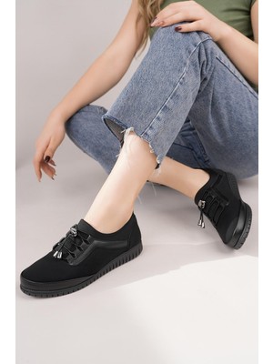 Nesil Shoes Sdf 702-1 Siyah Zümrüt Lastik Bağcıklı Kadın Ayakkabı