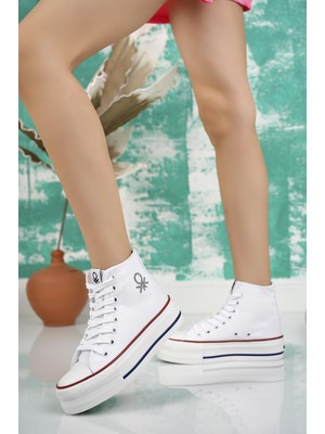 Benetton 30939 Beyaz Kalın Taban Uzun Kadın Sneakers