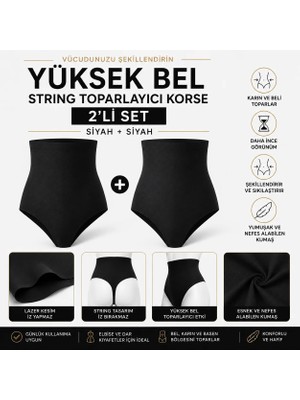 Jhena 2 Adet Siyah Yüksek Bel Lazer Kesim String Korse, Göbek Toparlayıcı Kadın Korse