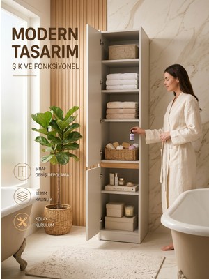 Vera Tek Kapaklı Gardırop Elbise Dolabı Çok Amaçlı Dolap Kum Beji Meşe Detaylı