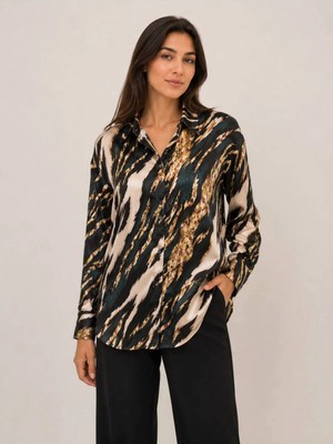 Rouge Basic Leopar Saten Gömlek