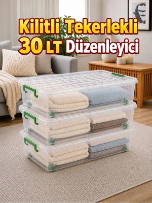Loremp 3’lü Set 30 Lt Kilitli Tekerlekli Saklama Kutusu Şeffaf Yatak Altı Düzenleyici Kutu 63X40X18 cm