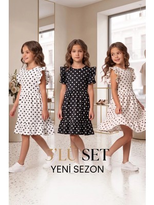 New Kids 3 Lü Set Kız Çocuk Elbise 3 Adet Puantiyeli   Yeni Sezon Yazlık