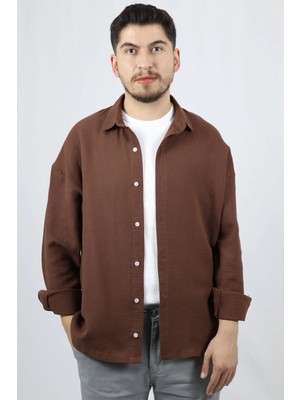 Keten Dokulu Relaxed Fit Erkek Gömlek | Ventov Kahverengi - L