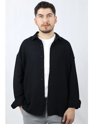 Keten Dokulu Relaxed Fit Erkek Gömlek | Ventov Siyah - M