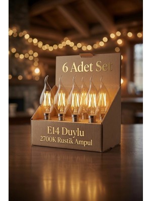 AC Aydınlatma 6'lı Set E14 Rustik LED Mum Ampul 2700K Amber Işık – C35 Dekoratif Filament Ampul – Enerji Tasarruflu