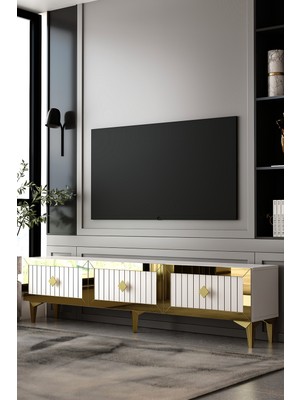 Dekortis Home Dekor 180DHDTS4BA Lina Pleksi Lazer Desen Tv Sehpası Beyaz-Altın
