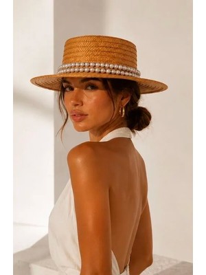Rıo Straw Hat -Kadın Inci Süslemeli Hasır Boater Şapka