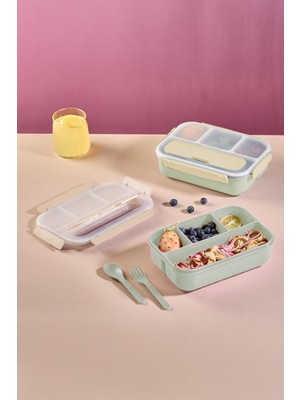 GENC DIJITAL BASKI Kaşık Çatallı Lunch Box Sızdırmaz Contalı Kapaklı 4 Bölmeli Beslenme Kabı - Yeşil