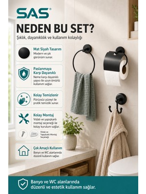 Sas Banyo Aksesuar Seti Yuvarlak Havluluk Kapaklı Tuvalet Kağıtlığı 3 Lü Set SİYAH