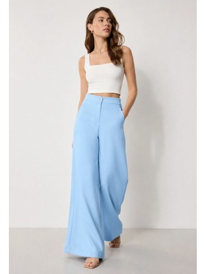 Exit Collection Beli Lastikli Kadın Bebek Mavisi Pantolon Geniş Paçalı Iç Göstermeyen Kumaş - Kadın Tesettür Kumaş Pantolon