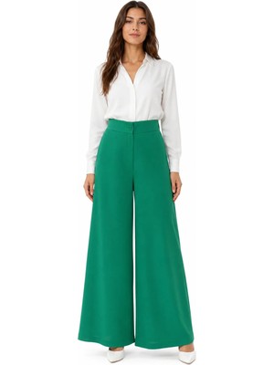 Exit Collection Beli Lastikli Kadın Yeşil Pantolon Geniş Paçalı Iç Göstermeyen Kumaş - Kadın Tesettür Kumaş Pantolon