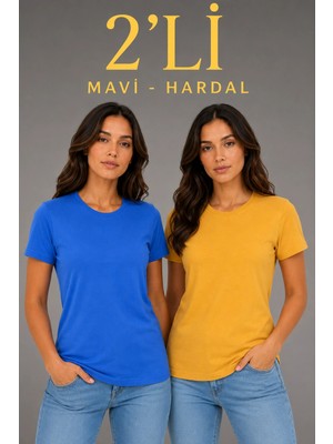 MidasTech Kadın Basic Bisiklet Yaka Yazlık Slim Fit T-Shirt - Mavi  Hardal Sarısı