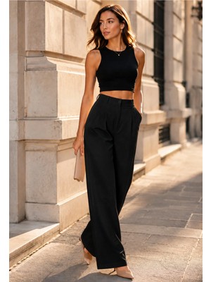 Exit Collection Kadın Siyah Pantolon Uzun Palazzo Düz Bol Uzun Paça Pantolon