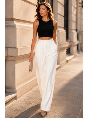 Exit Collection Kadın Ekru Pantolon Uzun Palazzo Düz Bol Uzun Paça Pantolon
