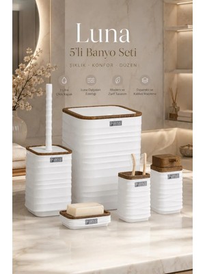Okyanus Home Luna Beyaz Ahşap Desenli Kare 5'li Banyo Seti