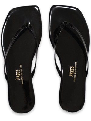 Tkees TK-1014Z Parmak Arası Kare Burun Siyah Rugan Kadın Terlik