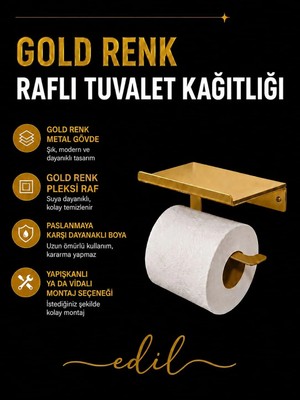 Edil Tasarım Gold Renk Raflı Tuvalet Kağıtlığı | Metal Gövde | Telefon ve Aksesuar Raflı | Yapışkanlı & Vidalı Montaj