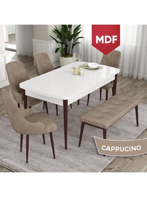Canisa Concept Ram Serisi MDF 80 x 132 cm Mutfak Masa Takımı Beyaz Masa Kahverengi Ayak 4 Sandalye 1 Bench