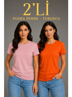 MidasTech Kadın Basic Bisiklet Yaka Yazlık Slim Fit T-Shirt - Pudra Pembe  Turuncu