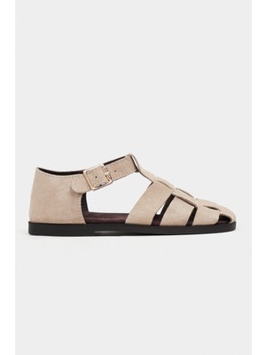Nişantaşı Shoes Marcel Bej Süet Deri Toka Detay Düz Taban Kadın Sandalet