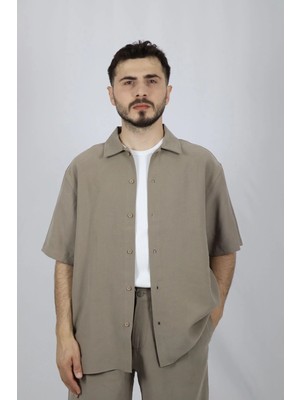 Viskon Karışımlı Dökümlü Relaxed Fit Kısa Kollu Erkek Gömlek | Ventov Vizon - Xl