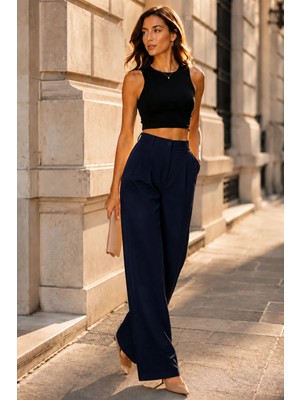 Exit Collection Kadın Lacivert Pantolon Uzun Palazzo Düz Bol Uzun Paça Pantolon