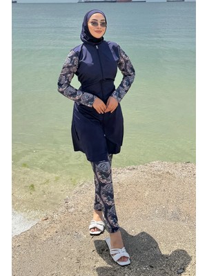 Hafsa Mina Floral Desenli Tesettür Mayo Tam Takım Lacivert HM2928