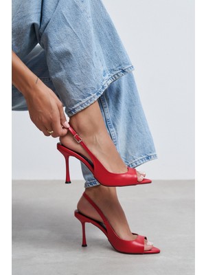 Nişantaşı Shoes Maia Kırmızı Mat Sivri Burun Önü Açık Ince Topuklu Kadın Ayakkabı
