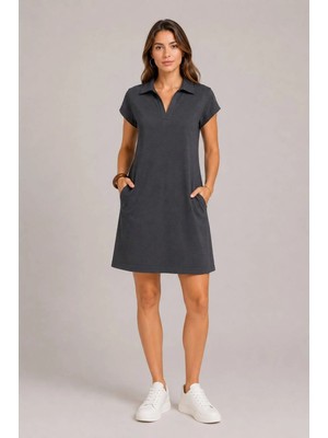 Rouge Basic Polo Yaka Cepli Modal Elbise