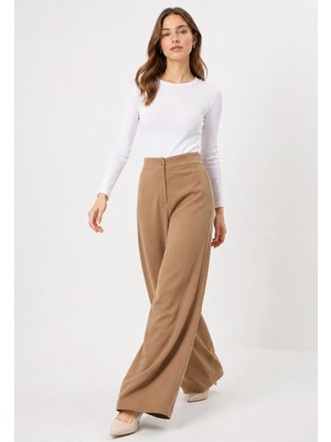 Exit Collection Beli Lastikli Kadın Camel Pantolon Geniş Paçalı Iç Göstermeyen Kumaş - Kadın Tesettür Kumaş Pantolon