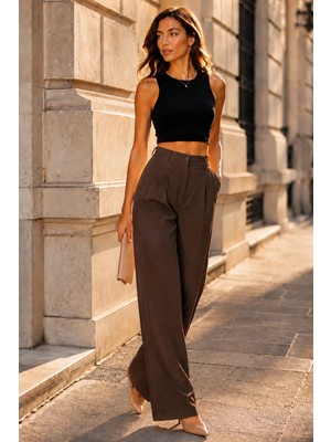 Exit Collection Kadın Kahverengi Pantolon Uzun Palazzo Düz Bol Uzun Paça Pantolon
