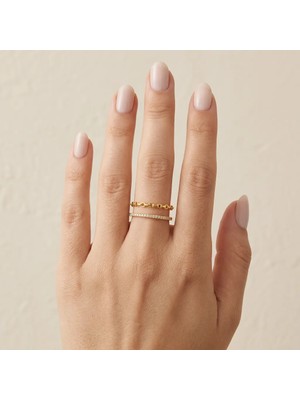 Fashion Çift Sıralı Zincir ve Zirkon Taş Detaylı Ayarlanabilir Gold Kadın Yüzük