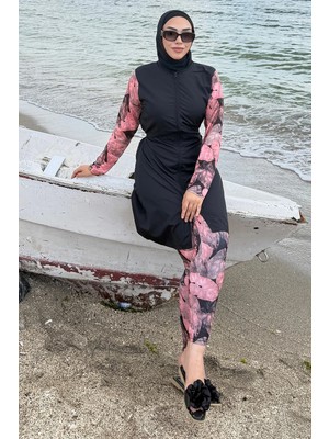 Hafsa Mina Yaprak Desenli Tesettür Mayo Tam Takım Siyah HM2925