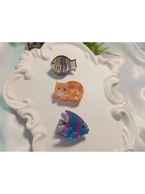 Euro Aksesuar Kedi ve Balık Figürlü 3'lü Mini Mandal Toka Seti (2-3 Cm)