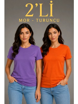 Marsilyan Kadın Basic Bisiklet Yaka Yazlık Slim Fit T-Shirt - Mor   Turuncu
