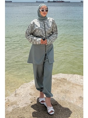 Hafsa Mina Yaprak Desenli Büyük Beden Tesettür Mayo Mint HM2933