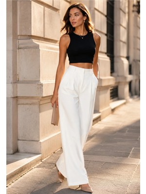 Exit Collection Kadın Beyaz Pantolon Uzun Palazzo Düz Bol Uzun Paça Pantolon