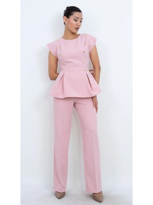 Özel Koleksiyon Kruvaze Gold Düğmeli Peplum Bluz ve Pantolon Ikili Takım - Düğün - Mezuniyet - Ofis Şıklığı