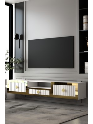 Dekortis Home Dekor 180DHDTDAÇ4BA Lina Duvara Monte Pleksi Lazer Desen Tv Sehpası Beyaz-Altın