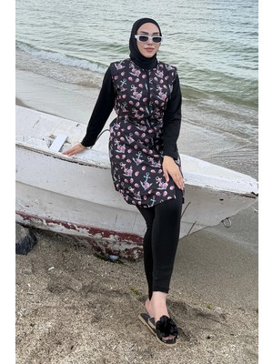 Hafsa Mina Gül Desenli Tesettür Mayo Tam Takım Siyah HM2927