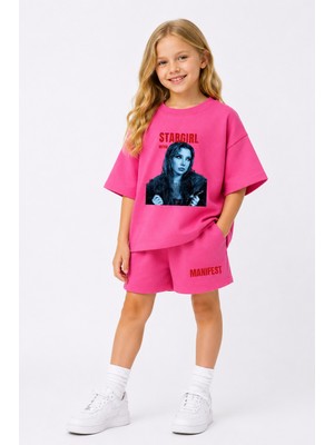 Fasardi Manifest Girls Mina Baskılı Oversize %100 Pamuk Tişört Şort 2li Çocuk Takım