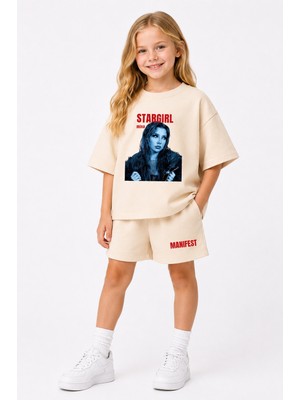 Fasardi Manifest Girls Mina Baskılı Oversize %100 Pamuk Tişört Şort 2li Çocuk Takım