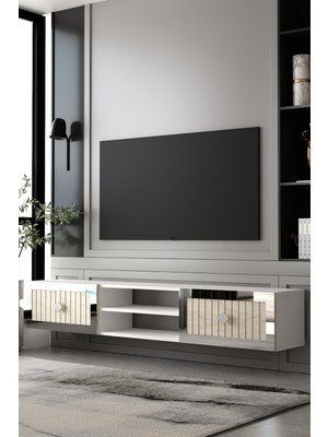 Dekortis Home Dekor 180DHDTDAR4BTG Lina Duvara Monte Pleksi Lazer Desen Tv Sehpası  Beyaz-Traverten-Gümüş