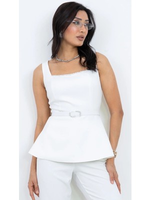 Dorne Moda Özel Koleksiyon Kare Yaka Taş Detaylı Peplum Ceket Pantolon Takım Davet ve Ofis Şıklığı