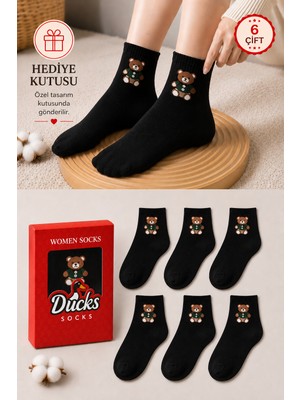 Ducks Socks Kadın Teddy Bear Çorap Hediye Kutulu Pamuklu Kısa Konç Ayıcıklı Çorap 6'lı Dikişsiz