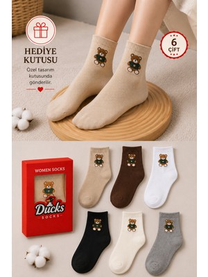 Ducks Socks Kadın Teddy Bear Çorap Hediye Kutulu Pamuklu Kısa Konç Ayıcıklı Çorap 6'lı Dikişsiz