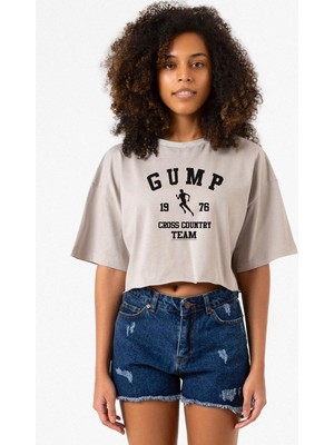 Forrest Gump Cross Country Team Taş Rengi Kadın Crop Kapşonlu