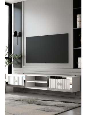 Dekortis Home Dekor 180DHDTDAR4BG Lina Duvara Monte Pleksi Lazer Desen Tv Sehpası Beyaz-Gümüş