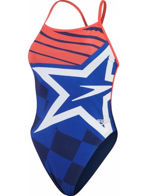 Speedo Digital Baskılı V Back Kadın Yüzücü Mayosu Mavi-Turuncu